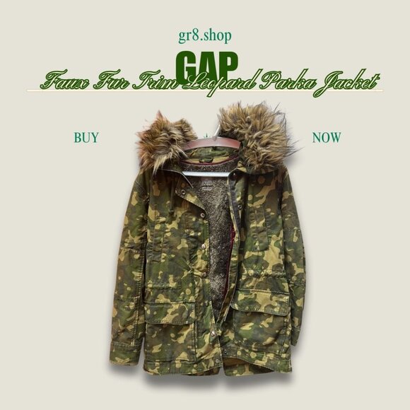 Gap XS Camo Faux Fur Trim Parka Jacket With Leopard Print Lining - Picture 1 of 5